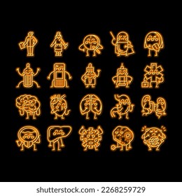 Kid Doctor Disease Treatment neon light sign vector. Vitamins And Drug Pill, Kid Doctor Examining Child Stomach And Kidneys, Brain And Lungs. Thermometer And Patch Medical Accessories Illustrations