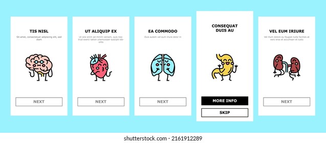 Kid Doctor Disease Treatment Onboarding Mobile App Page Screen Vector. Vitamins Drug Pill, Kid Doctor Examining Child Stomach Kidneys, Brain Lungs. Thermometer Patch Medical Accessories Illustrations