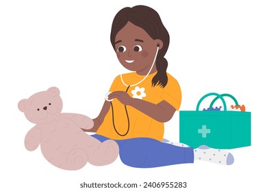 Kid doctor playing with teddy bear in home interior vector illustration. Cartoon cute medical worker, girl child character with stethoscope treating sick toy, play time in living room background