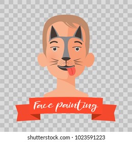 Kid with dog face painting vector illustrations on transparent background. Child face with animal makeup painted for kids party