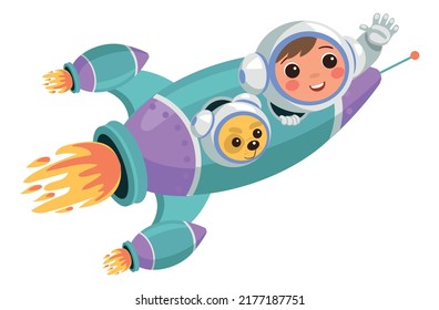 Kid and dog flying on space rocket. Happy astronauts