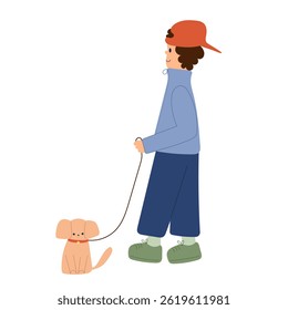 Kid and dog illustration, children puppy friend, pup animal owner happy child cartoon vector illustration. Young boy walking with dog.