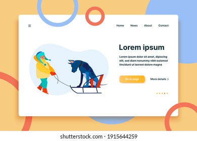 Kid and dog sledging outdoors. Boy walking with pet in park flat vector illustration. Leisure, outdoor activity, winter vacation concept for banner, website design or landing web page