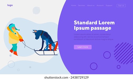 Kid and dog sledging outdoors. Boy walking with pet in park flat vector illustration. Leisure, outdoor activity, winter vacation concept for banner, website design or landing web page