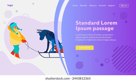 Kid and dog sledging outdoors. Boy walking with pet in park flat vector illustration. Leisure, outdoor activity, winter vacation concept for banner, website design or landing web page