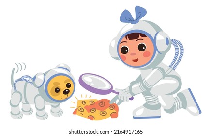 Kid and dog in space suit discovering. Cartoon space explorers