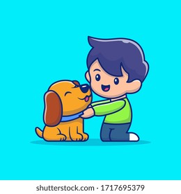 Kid With Dog Vector Icon Illustration. Animal Lover Mascot Cartoon Character Concept Isolated Premium Vector. Flat Cartoon Style