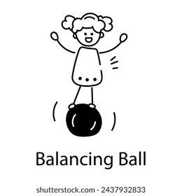 Kid doing balancing ball trick, doodle style icon 