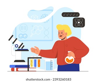 Kid doing chemistry project. Boy with fasks with reagents. Homework and education. Student and pupil with equipment in laboratory. Cartoon flat vector illustration isolated on white background