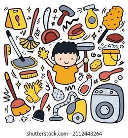 Kid Doing Chores with Cleaning Equipment in Kawaii Doodle Style Vector Clip Art