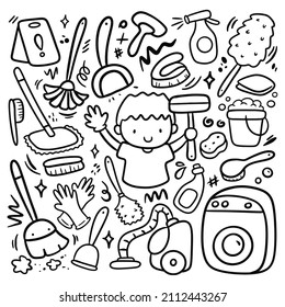 Kid Doing Chores with Cleaning Equipment in Kawaii Doodle Style Vector Clip Art