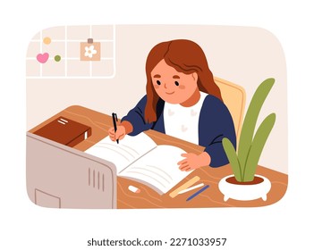 Kid doing homework. Cute school girl studying at home, learning, sitting at desk. Happy little primary child student, elementary schoolgirl character during self-education. Flat vector illustration
