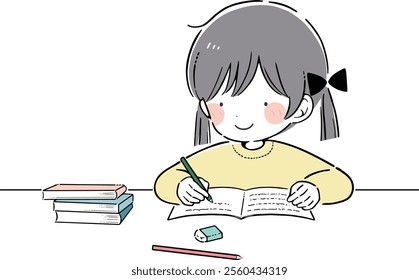 Kid doing homework. Cute school girl studying at home, learning, sitting at desk. Happy little primary child student, elementary schoolgirl character during self-education. Flat vector illustration