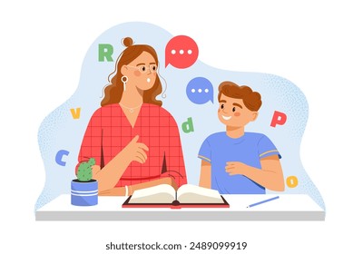 Kid doing homework with mom. Mother helps her son prepare for test or exam. Education and learning. Woman with boy reads book. Flat vector illustration isolated on white background