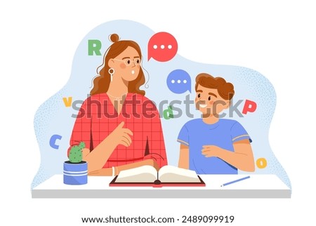Kid doing homework with mom. Mother helps her son prepare for test or exam. Education and learning. Woman with boy reads book. Flat vector illustration isolated on white background