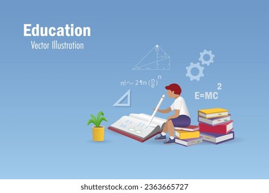 Kind, das Hausaufgaben in Lehrbüchern mit mathematischer und physischer Formel macht. Bildung, zurück zur Schule und Lesen als Wissenskonzept. 3D-Vektorgrafik.