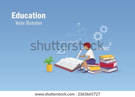 Kid doing homework on textbooks with mathematical  and physics formula. Education, back to school and reading as knowledge concept. 3D vector.