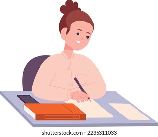 Kid doing homework. School girl studying and writing isolated on white background