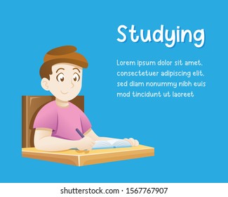 Kid doing homework or sitting on school lesson. Illustration of a kid boy doing his Homework and Learning, Vector illustration of children education