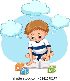 A kid doing homework with speech bubble illustration