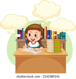 A kid doing homework with speech bubble in the library illustration