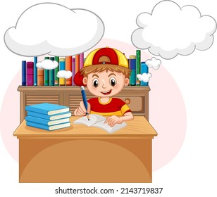 A kid doing homework with speech bubble in the library illustration
