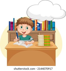 A kid doing homework with speech bubble in the library illustration