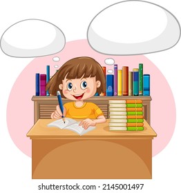 A kid doing homework with speech bubble in the library illustration