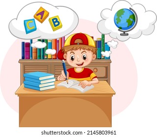 A kid doing homework with speech bubble in the library illustration