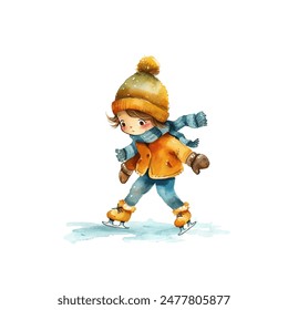 kid doing ice skating vector illustration in watercolor style