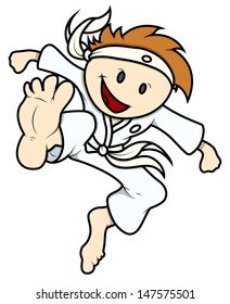Kid Doing Karate - Vector Cartoon Illustration