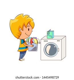 Kid doing laundry, happy cute child 