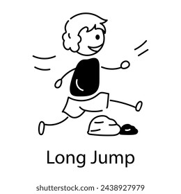 Kid doing long jump, doodle style icon 