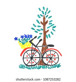 Kid doodle of bicycle with blue flowers in floral basket near tree with leaves isolated on white background. Children drawing felt-tip pen of summer or spring time. Vector illustration.