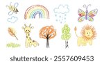 Kid doodle crayon or chalk hand scribble drawings set. Naive and cute kindergarten hand drawn doodles with crayon pencil simple pictures, animal and nature clipart child school color abstract sketch.