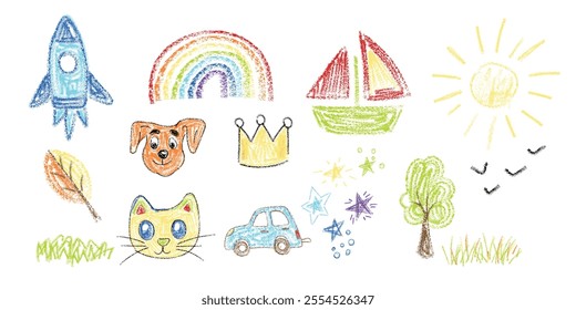 Kid doodle crayon or chalk hand scribble drawings set. Naive and cute kindergarten hand drawn doodles with crayon pencil simple pictures, animal and flowers clipart child school color abstract sketch.