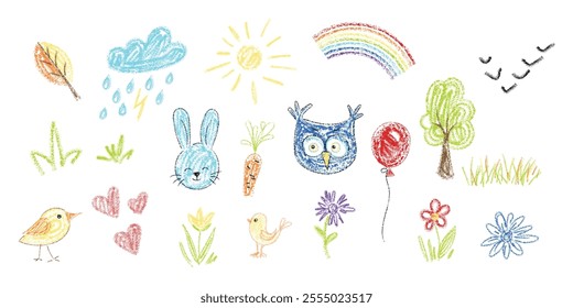 Criança doodle crayon ou giz mão rabiscar desenhos conjunto. Ingênuo e bonito jardim de infância mão desenhado rabiscos com lápis de creiom fotos simples, animais e flores clipart criança escola cor esboço abstrato.