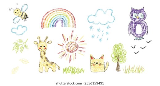 Kid doodle crayon or chalk hand scribble drawings set. Naive and cute kindergarten hand drawn doodles with crayon pencil simple pictures, animal and nature clipart child school color abstract sketch.