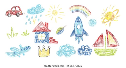 Kid doodle crayon or chalk hand scribble drawings set. Naive and cute kindergarten hand drawn doodles with crayon pencil simple pictures, animal and flowers clipart child school color abstract sketch.