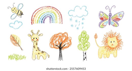 Kid doodle crayon or chalk hand scribble drawings set. Naive and cute kindergarten hand drawn doodles with crayon pencil simple pictures, animal and nature clipart child school color abstract sketch.