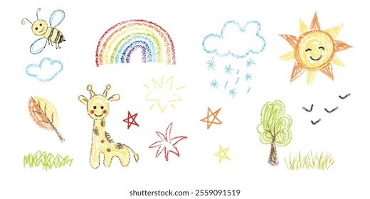 Kid doodle crayon or chalk hand scribble drawings set. Naive and cute kindergarten hand drawn doodles with crayon pencil simple pictures, animal and flowers clipart child school color abstract sketch.