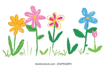 Kid doodle hand drawing crayon, wax, pencil, chalk or charcoal texture. childlike flowers and plants, grass illustration. messy and colorful vector art