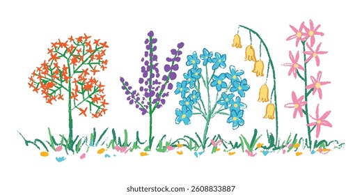 Kid doodle hand drawing crayon, wax, pencil, chalk or charcoal texture. childlike flowers and plants, grass illustration. messy and colorful vector art