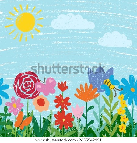 Kid doodle hand drawing crayon, wax, pencil, chalk or charcoal texture. childlike flowers plants, grass and sky background. Field, meadow, garden, colorful flowers, grass. Drawing in a childish style