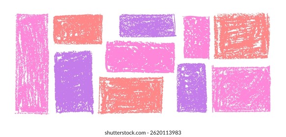 Kid doodle of rough rectangular shapes with red pink and lilac pastel wax texture, resembling chalkboard or charcoal squiggle art. Grunge school style or kindergarden hand-drawn vector illustration