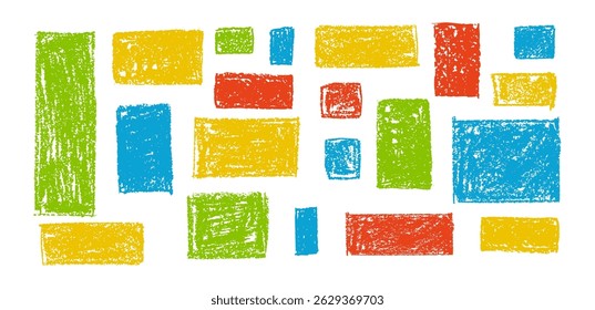Kid doodle of rough rectangular shapes with blue, red and green pastel wax texture, resembling chalkboard or charcoal squiggle art. Grunge school style or kindergarden hand-drawn vector illustration.