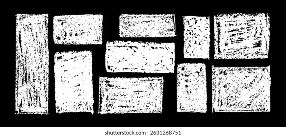 Kid doodle of rough rectangular shapes with white pastel wax texture, resembling chalkboard or charcoal squiggle art. Grunge school style or kindergarden hand-drawn vector illustration