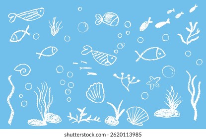 Kid doodle vector of fish, seaweed, and bubbles with white pastel wax texture on a blue chalkboard background. Cute squiggle art style, like charcoal or crayon, showing an underwater school scene.