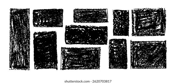 Kid doodle vector of rough rectangular shapes with pastel wax texture, resembling chalkboard or charcoal squiggle art. Grunge school style or kindergarden hand-drawn illustration for creative design.