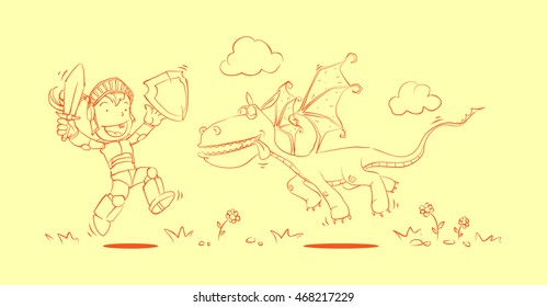 kid & dragon. doodle illlustration